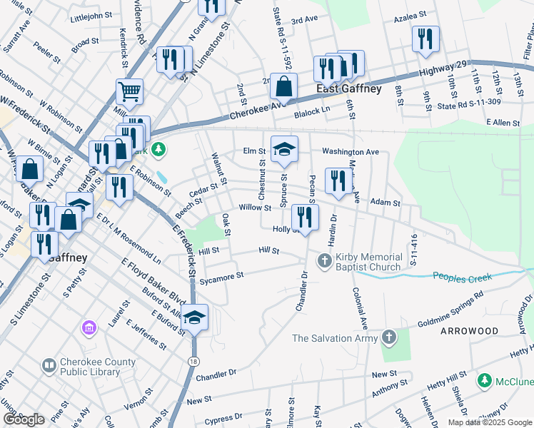 map of restaurants, bars, coffee shops, grocery stores, and more near 505 Willow Street in Gaffney