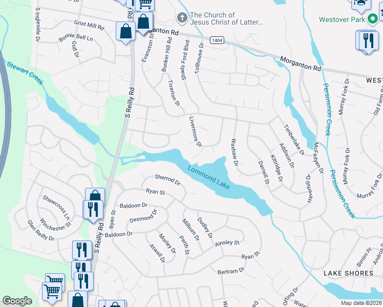 map of restaurants, bars, coffee shops, grocery stores, and more near 7203 Bailey Court in Fayetteville