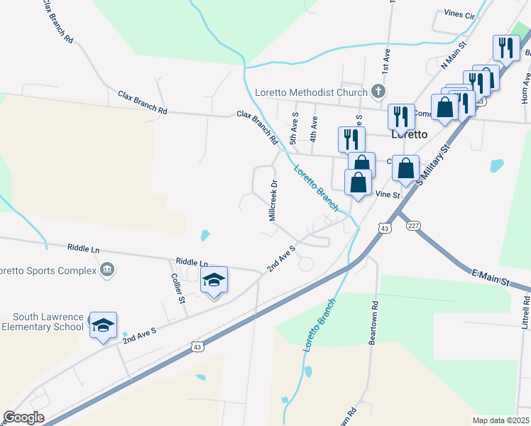 map of restaurants, bars, coffee shops, grocery stores, and more near 211 Millcreek Drive in Loretto