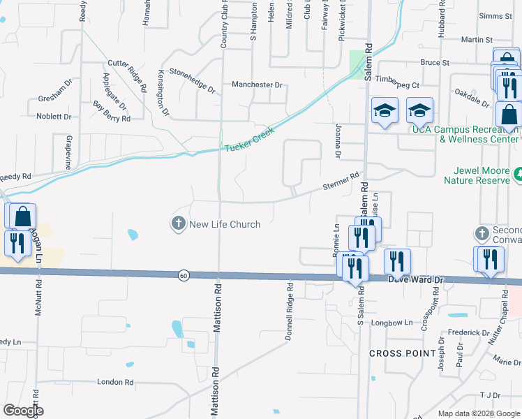map of restaurants, bars, coffee shops, grocery stores, and more near 3103 West Ridge Drive in Conway