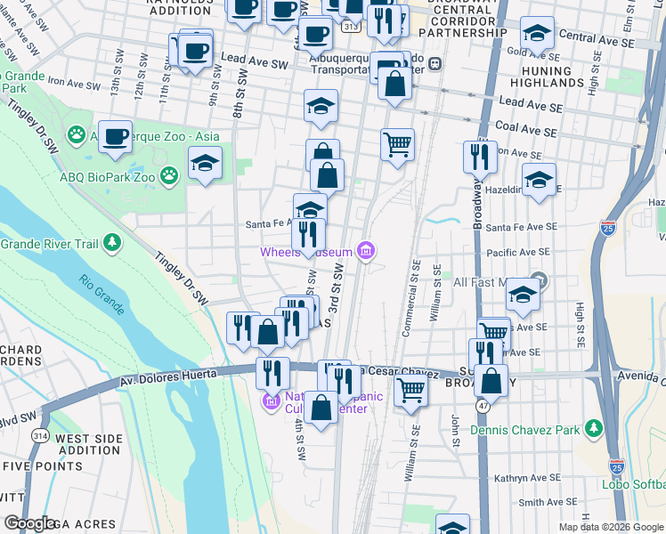 map of restaurants, bars, coffee shops, grocery stores, and more near in Albuquerque