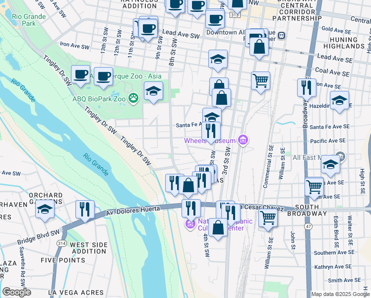 map of restaurants, bars, coffee shops, grocery stores, and more near 1102 Barelas Road Southwest in Albuquerque