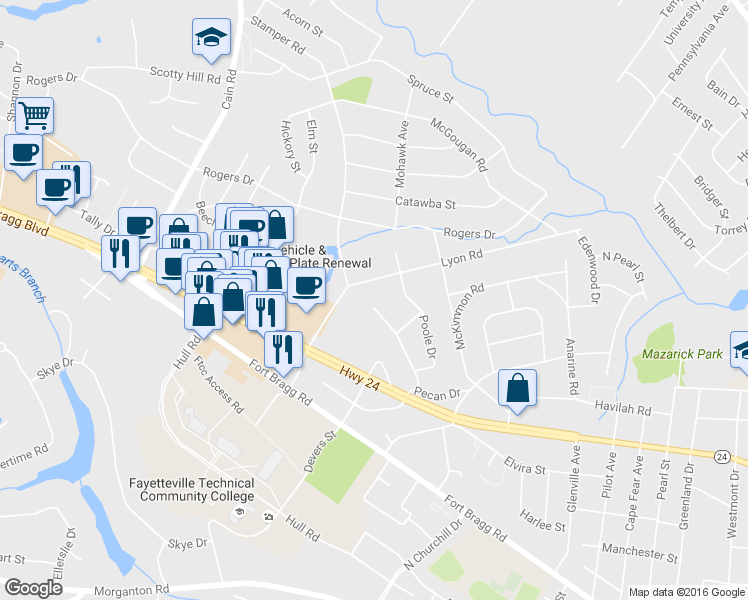 map of restaurants, bars, coffee shops, grocery stores, and more near 1915 Lyon Road in Fayetteville