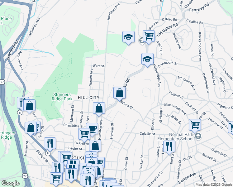 map of restaurants, bars, coffee shops, grocery stores, and more near 1004 Meroney Street in Chattanooga