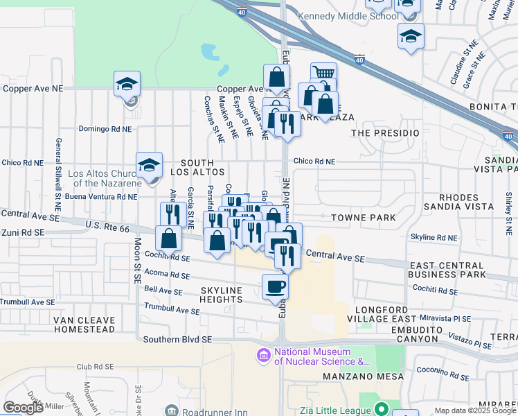 map of restaurants, bars, coffee shops, grocery stores, and more near 131 Glorieta Street Northeast in Albuquerque