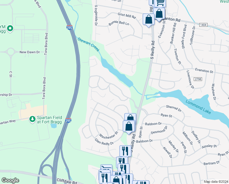 map of restaurants, bars, coffee shops, grocery stores, and more near 1014 Brookhollow Drive in Fayetteville