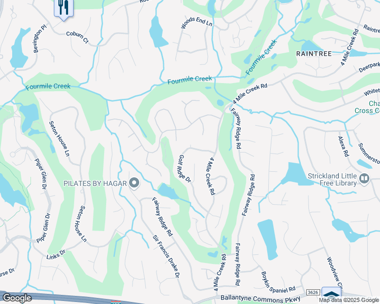 map of restaurants, bars, coffee shops, grocery stores, and more near 8718 Golf Ridge Drive in Charlotte