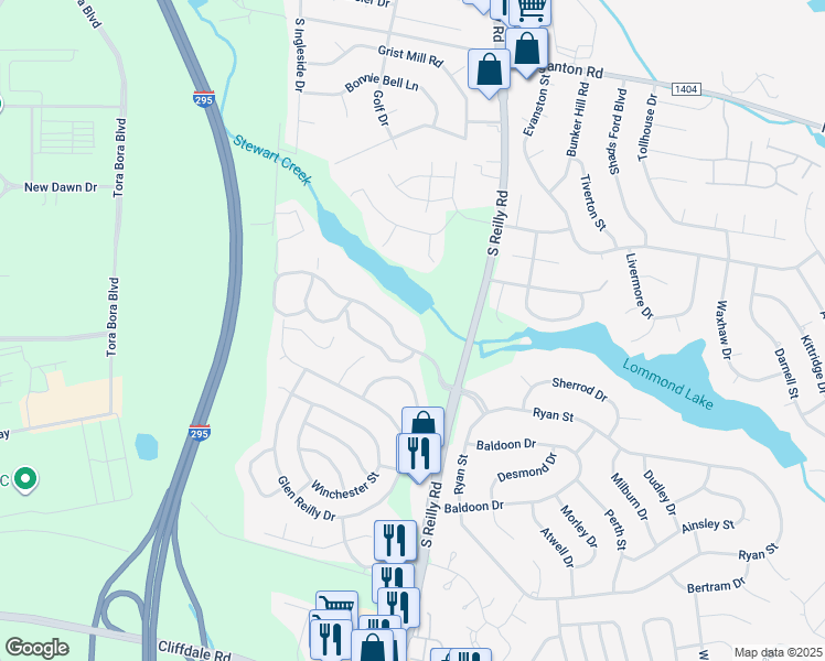 map of restaurants, bars, coffee shops, grocery stores, and more near 6724 Willowbrook Drive in Fayetteville