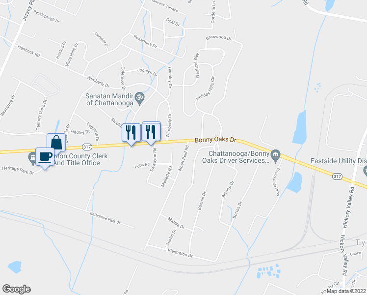 map of restaurants, bars, coffee shops, grocery stores, and more near 6340 Bonny Oaks Drive in Chattanooga