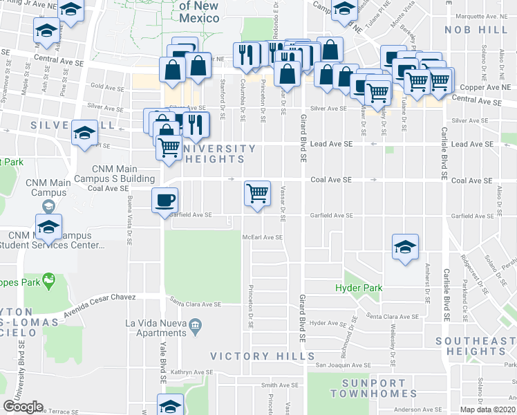 map of restaurants, bars, coffee shops, grocery stores, and more near 419 Princeton Drive Southeast in Albuquerque