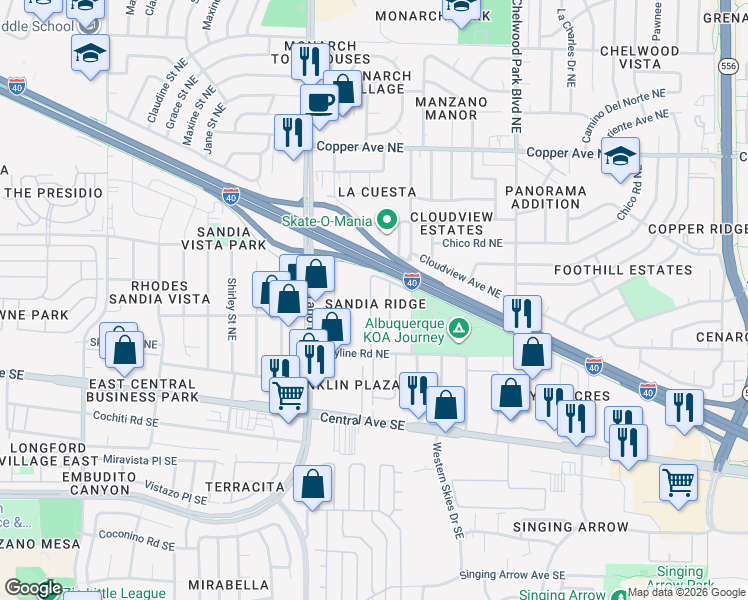 map of restaurants, bars, coffee shops, grocery stores, and more near Coronado Freeway in Albuquerque