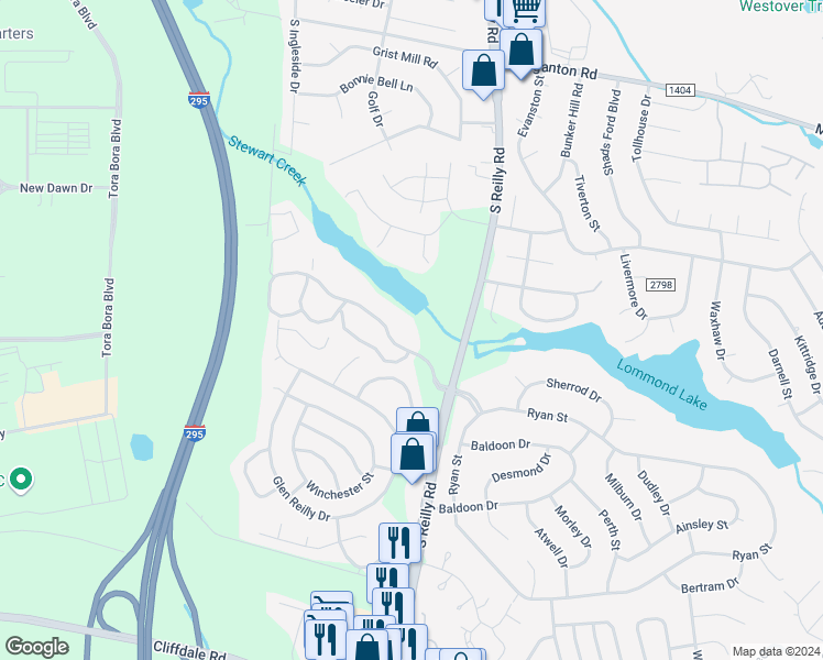 map of restaurants, bars, coffee shops, grocery stores, and more near 6724 Willowbrook Drive in Fayetteville