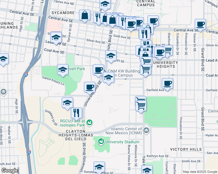 map of restaurants, bars, coffee shops, grocery stores, and more near 525 Buena Vista Drive Southeast in Albuquerque