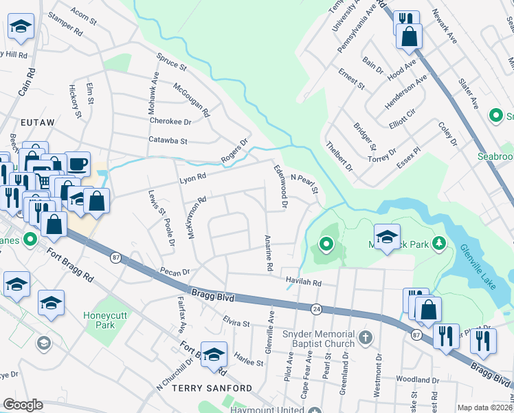 map of restaurants, bars, coffee shops, grocery stores, and more near 1008 Anarine Road in Fayetteville