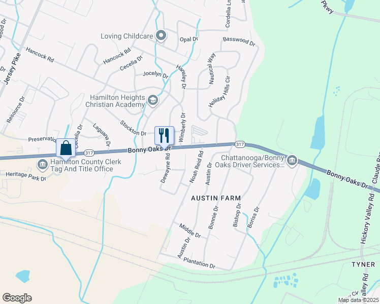 map of restaurants, bars, coffee shops, grocery stores, and more near 7648 Mallette Road in Chattanooga