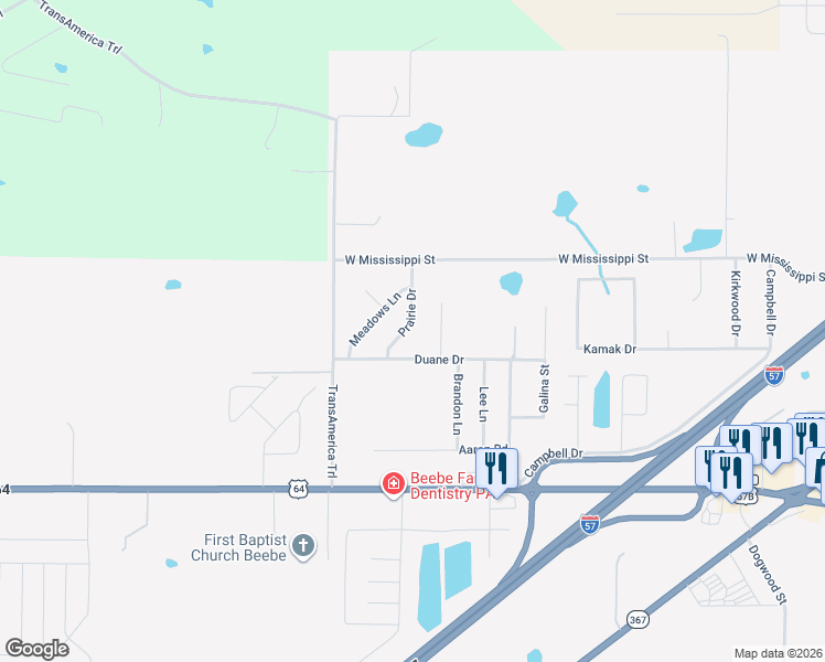 map of restaurants, bars, coffee shops, grocery stores, and more near 105 Prairie Drive in Beebe