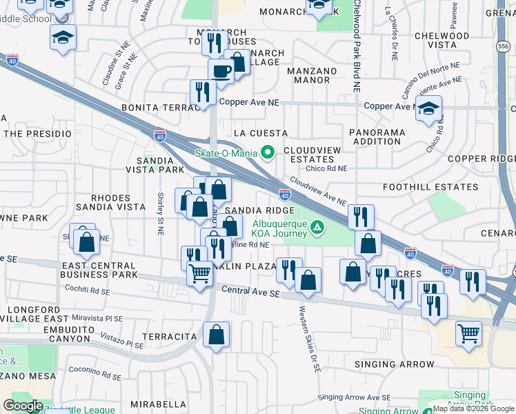 map of restaurants, bars, coffee shops, grocery stores, and more near Coronado Freeway in Albuquerque