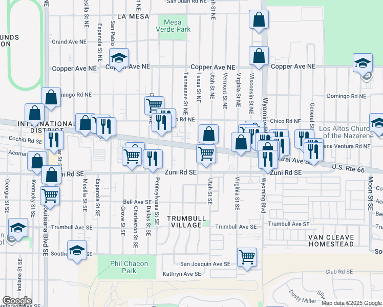 map of restaurants, bars, coffee shops, grocery stores, and more near 8020 Central Avenue Southeast in Albuquerque