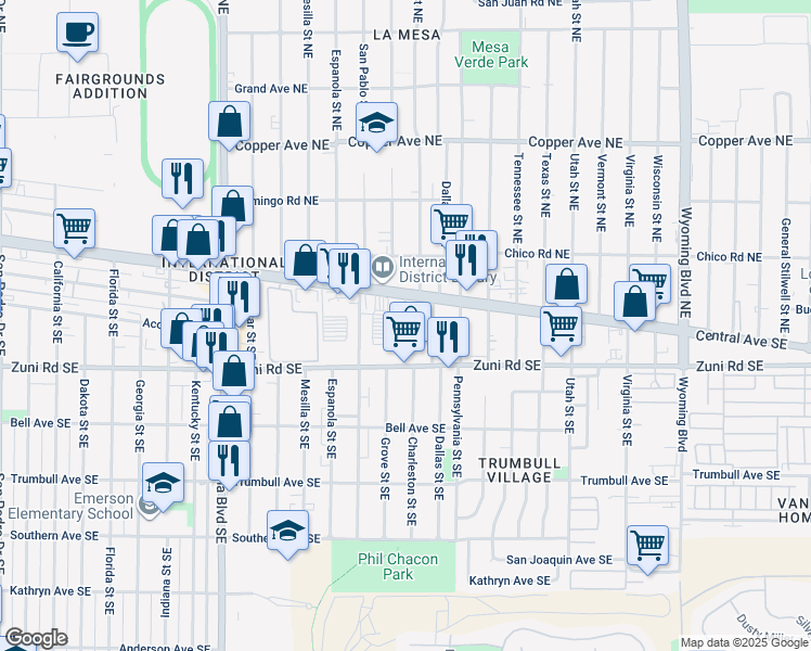 map of restaurants, bars, coffee shops, grocery stores, and more near 122 Charleston Street Northeast in Albuquerque