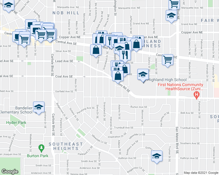 map of restaurants, bars, coffee shops, grocery stores, and more near 426a Valverde Drive Southeast in Albuquerque