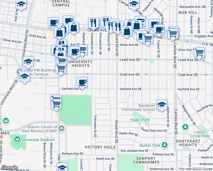 map of restaurants, bars, coffee shops, grocery stores, and more near 414 Princeton Drive Southeast in Albuquerque