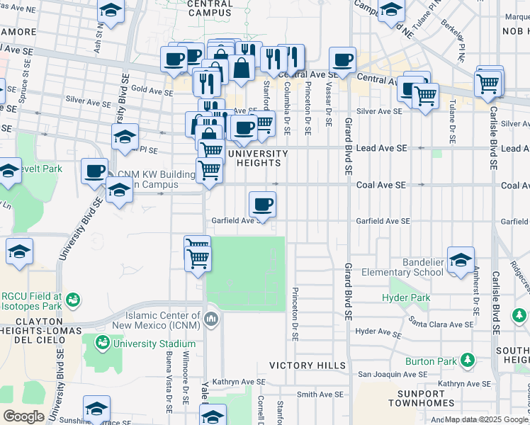 map of restaurants, bars, coffee shops, grocery stores, and more near 415 Stanford Drive Southeast in Albuquerque