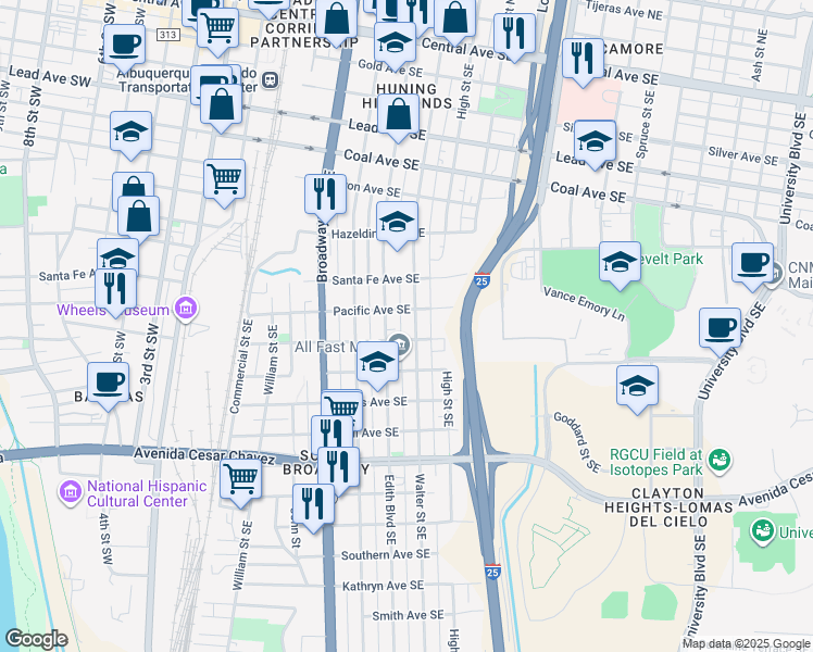 map of restaurants, bars, coffee shops, grocery stores, and more near 518 Pacific Avenue Southeast in Albuquerque