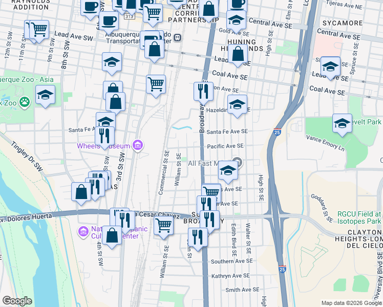 map of restaurants, bars, coffee shops, grocery stores, and more near 824 John Street Southeast in Albuquerque