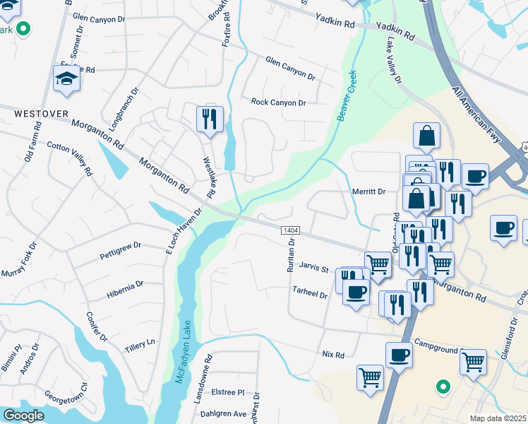 map of restaurants, bars, coffee shops, grocery stores, and more near 5440 Basking Ridge Drive in Fayetteville