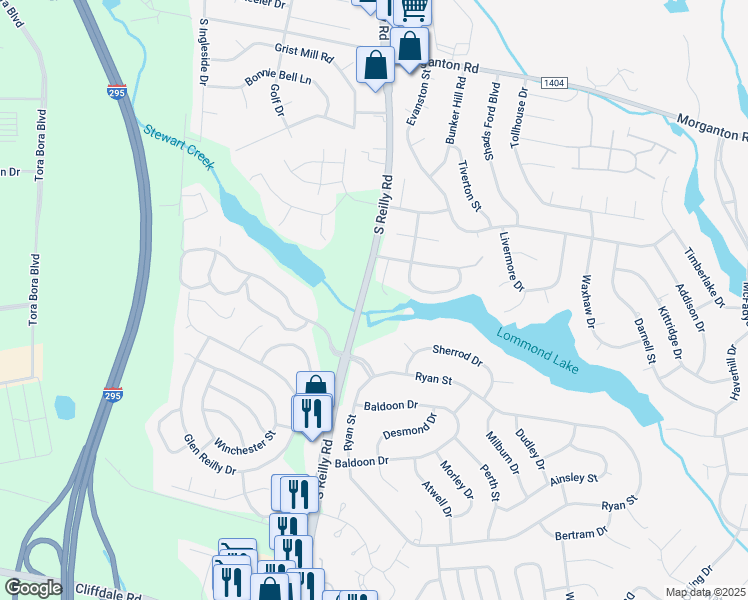 map of restaurants, bars, coffee shops, grocery stores, and more near 244 Wickford Court in Fayetteville