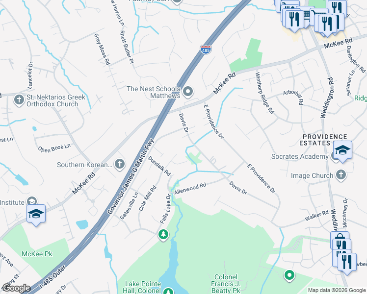 map of restaurants, bars, coffee shops, grocery stores, and more near 3712 Davis Drive in Charlotte