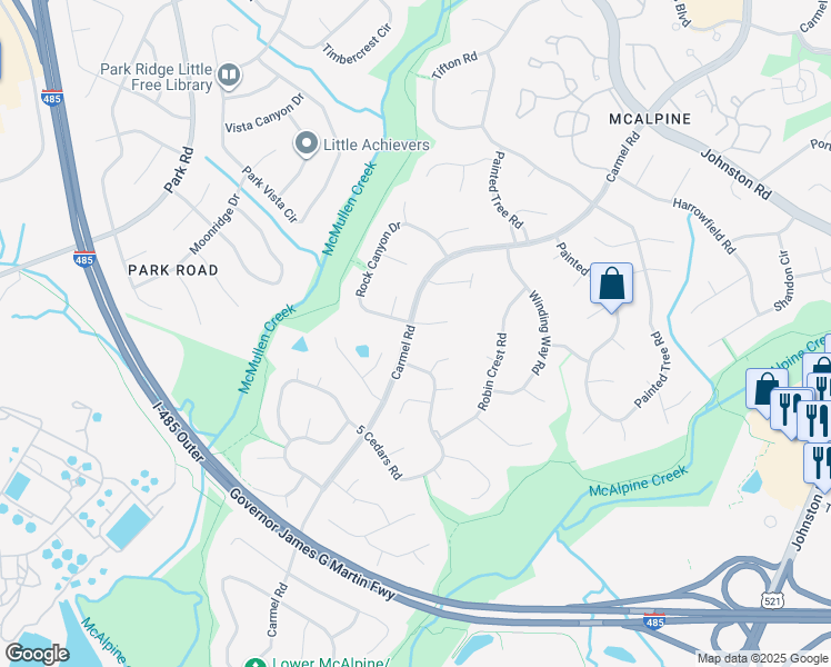 map of restaurants, bars, coffee shops, grocery stores, and more near 7831 Carmel Road in Charlotte