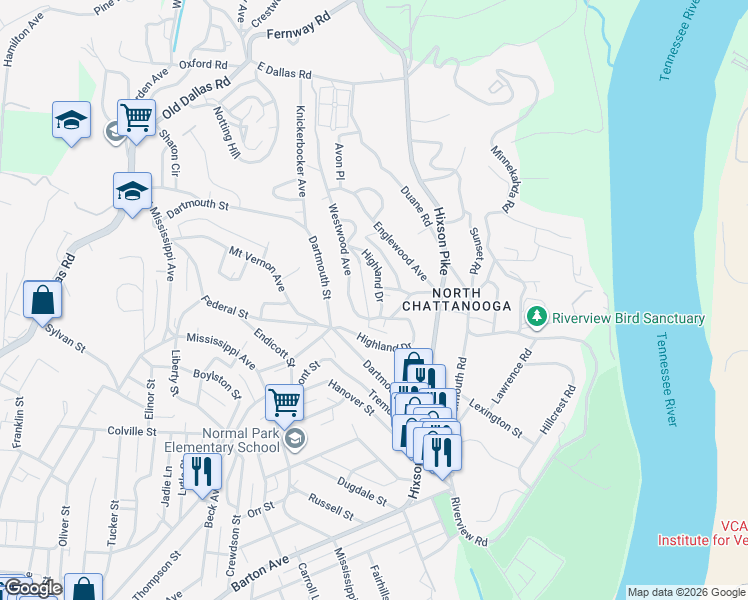 map of restaurants, bars, coffee shops, grocery stores, and more near 1217 Highland Drive in Chattanooga