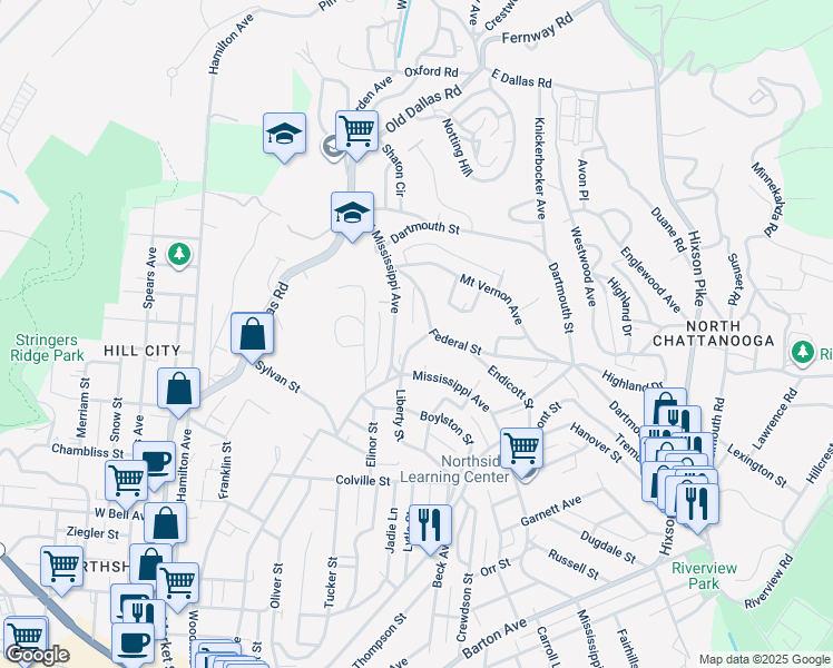 map of restaurants, bars, coffee shops, grocery stores, and more near 724 Federal Street in Chattanooga