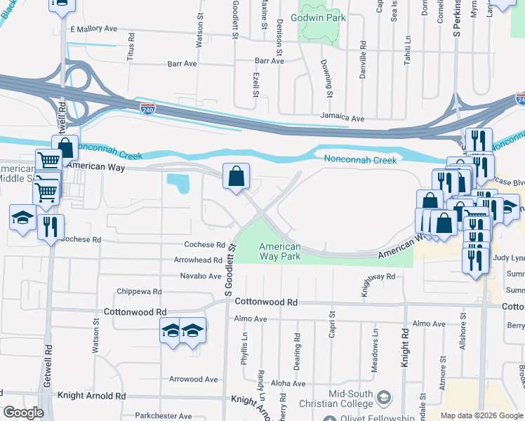 map of restaurants, bars, coffee shops, grocery stores, and more near 4338 American Way in Memphis