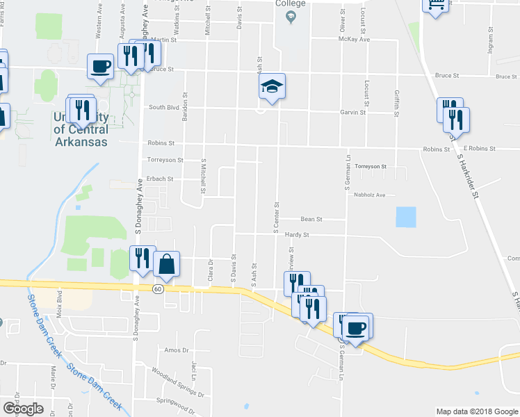 map of restaurants, bars, coffee shops, grocery stores, and more near 280 South Ash Street in Conway