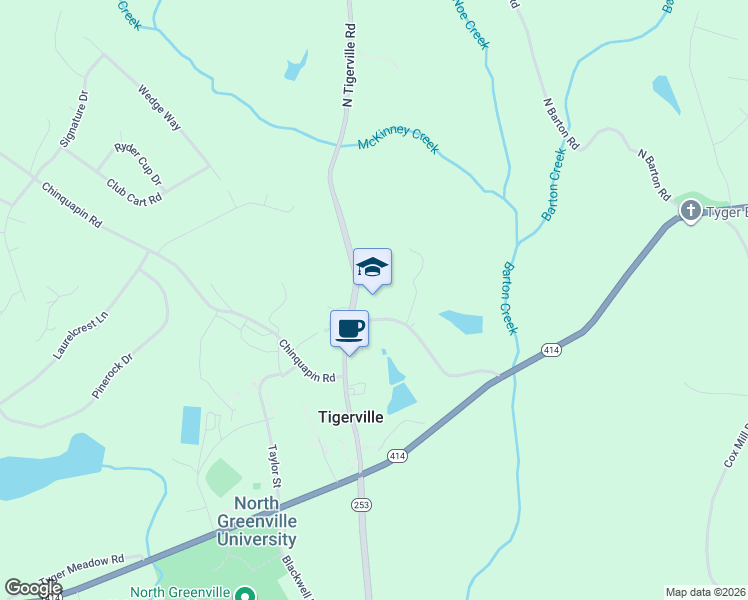 map of restaurants, bars, coffee shops, grocery stores, and more near 25 Tigerville Elementary School Road in Taylors