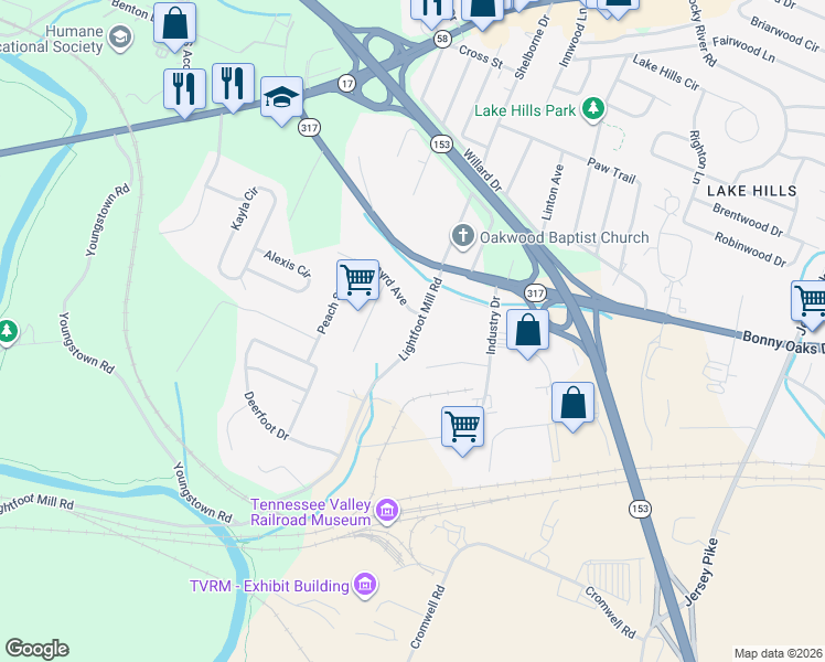 map of restaurants, bars, coffee shops, grocery stores, and more near 3917 Lightfoot Mill Road in Chattanooga