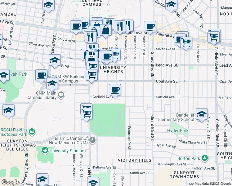 map of restaurants, bars, coffee shops, grocery stores, and more near 415 Stanford Drive Southeast in Albuquerque