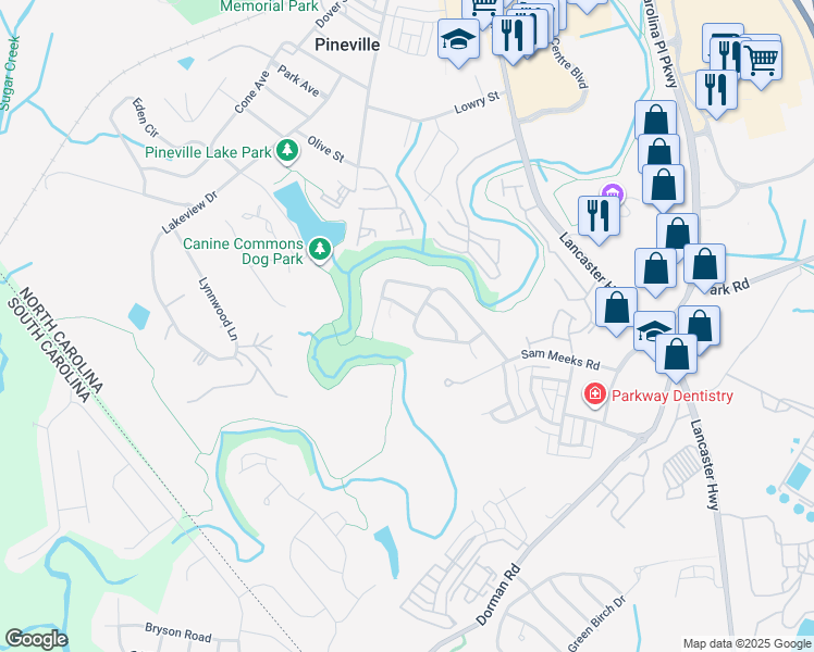 map of restaurants, bars, coffee shops, grocery stores, and more near 929 Standen Place Court in Pineville