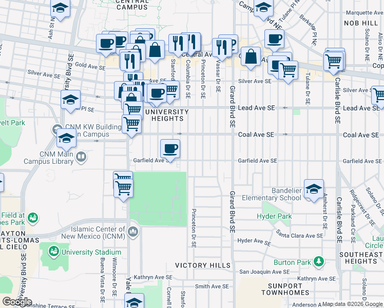 map of restaurants, bars, coffee shops, grocery stores, and more near 420 Columbia Drive Southeast in Albuquerque