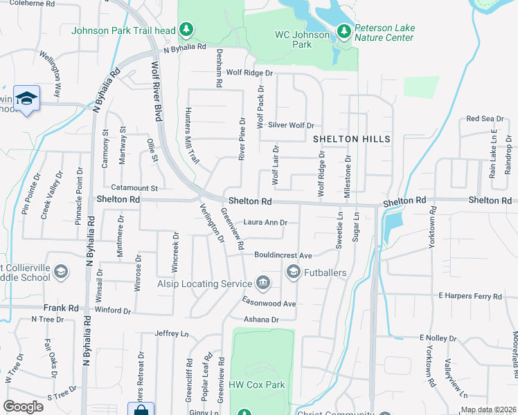 map of restaurants, bars, coffee shops, grocery stores, and more near 1284 Grey Wolf Drive in Collierville