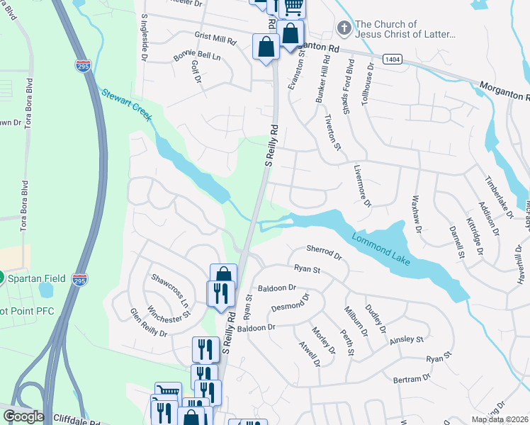 map of restaurants, bars, coffee shops, grocery stores, and more near 244 Wickford Court in Fayetteville