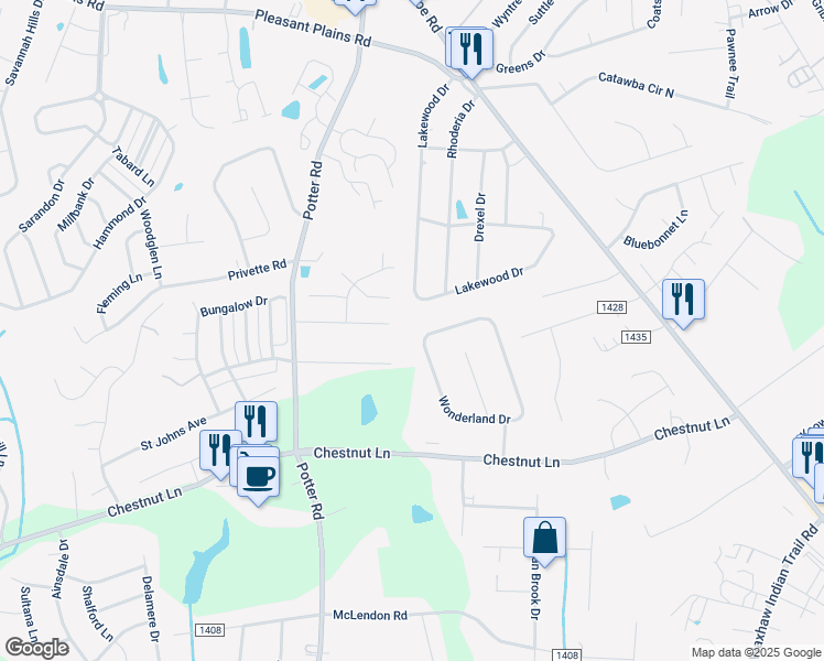 map of restaurants, bars, coffee shops, grocery stores, and more near 3629 Wonderland Drive in Matthews