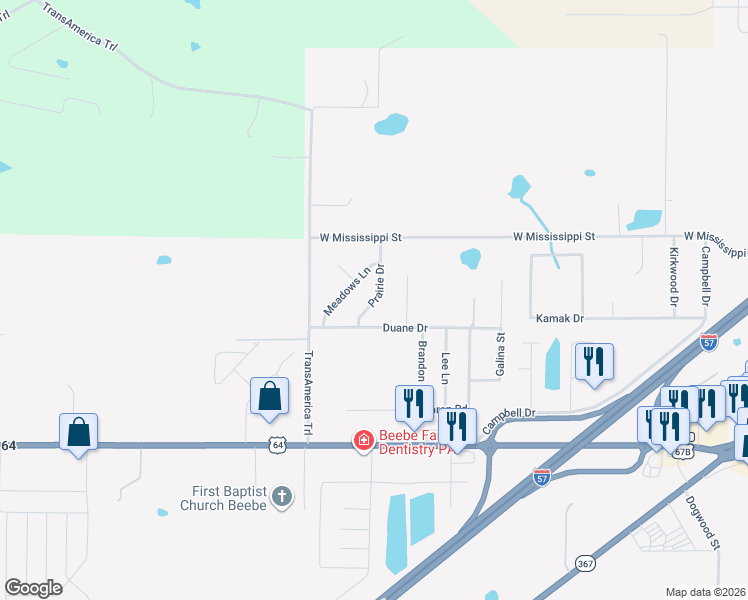 map of restaurants, bars, coffee shops, grocery stores, and more near 105 Prairie Drive in Beebe