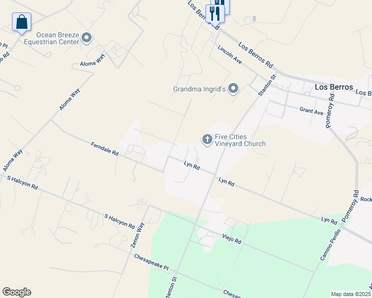 map of restaurants, bars, coffee shops, grocery stores, and more near 1980 Lyn Road in Arroyo Grande