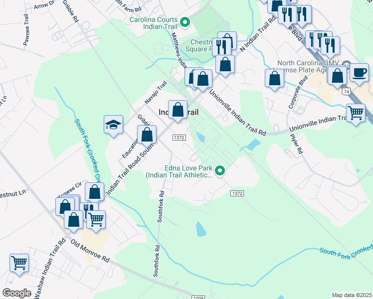 map of restaurants, bars, coffee shops, grocery stores, and more near 130 Park Road West in Indian Trail