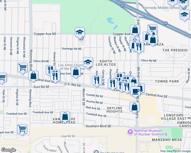 map of restaurants, bars, coffee shops, grocery stores, and more near 134 Altez Street Southeast in Albuquerque