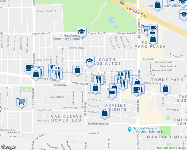 map of restaurants, bars, coffee shops, grocery stores, and more near 129 Erbbe Street Northeast in Albuquerque
