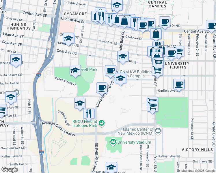 map of restaurants, bars, coffee shops, grocery stores, and more near 765 University Boulevard Southeast in Albuquerque
